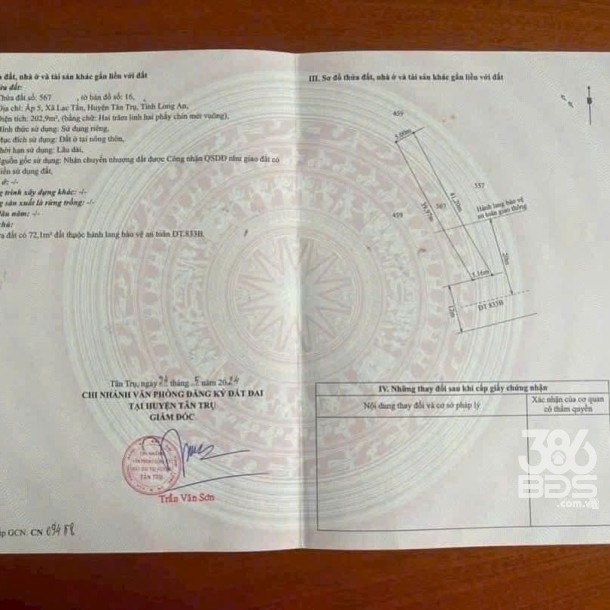 Bán nền thổ cư mặt tiền  tỉnh lộ 833B , xã Lạc Tấn, Tân Trụ dt 200m2 giá 1,7 tỷ-2